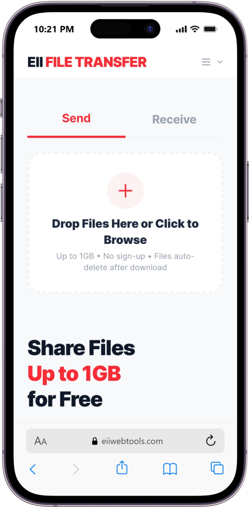 Eii File Transfer mobile web application displayed on a smartphone screen.